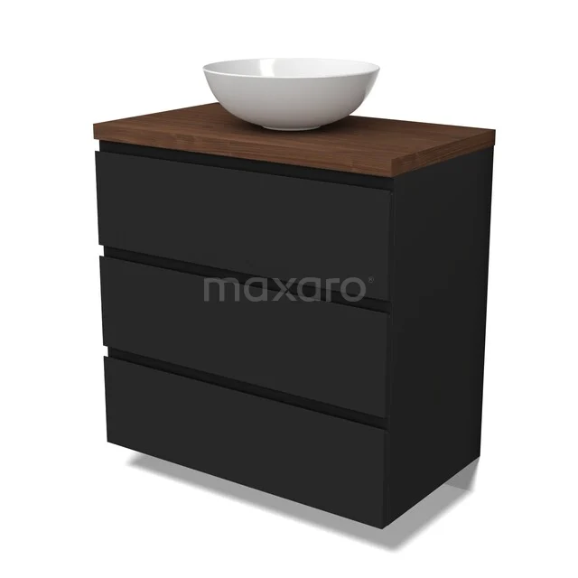 Schwarzer Badschrank mit Holzoptik Platte und runder weißer Waschbecken; modernes Design für stilvolle Badezimmerlagerung.