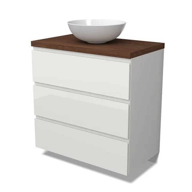 Modulo Plato Vanity units for countertop basin | 80 cm High-gloss white Handle-less front Walnoot worktop 3 drawers BMK19-01782 Wit badkamermeubel met drie lades, houten blad en ronde waskom; modern design, ideaal voor stijlvolle badkamers.