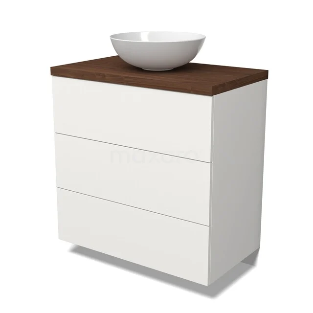 Modulo Plato Badkamermeubel voor waskom | 80 cm Mat wit Vlak front Walnoot blad 3 lades BMK19-01783 Witte badkamermeubel met donker houten blad en ronde opbouw wastafel, modern design met drie lades.