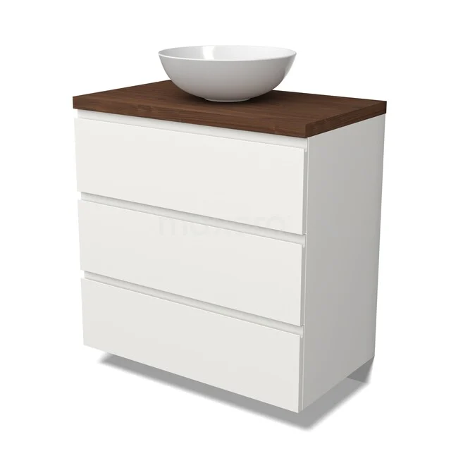 Weißer Badschrank mit drei Schubladen, Holzplatte und einem runden Waschbecken, ideal für eine moderne Badezimmergestaltung.