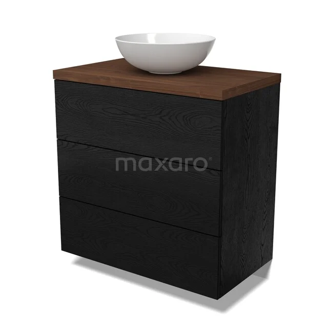 Modulo Plato Vanity units for countertop basin | 80 cm Black oak Flat front Walnoot worktop 3 drawers BMK19-01785 Zwarte badkamerkast met houtlook blad en ronde witte wastafel, strak design, ideaal voor moderne badkamerinrichting.