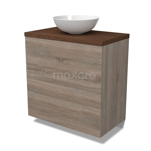 Modulo Plato Vanity units for countertop basin | 80 cm Oak Flat front Walnoot worktop 3 drawers BMK19-01787 Badkamermeubel houtlook met waskom, zwevend design, bruine houtnerf, witte keramische kom, stijlvol en compact.