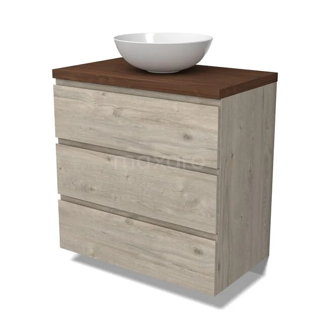 Badkamermeubel met wastafel, licht hout, donker houten blad, drie lades. Modern ontwerp, ideaal voor stijlvolle badkamerinrichting.