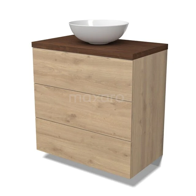 Houten badkamermeubel met drie lades, donkerbruin blad en witte waskom, ideaal voor moderne badkamerinrichting.
