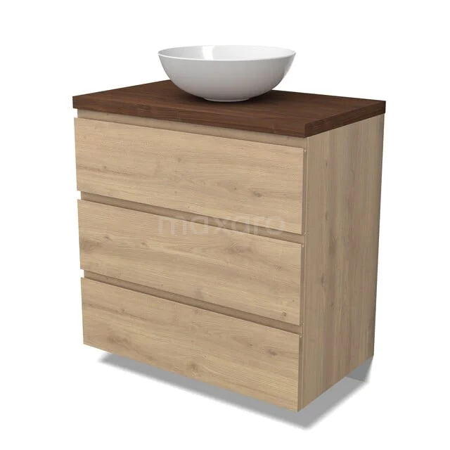 Modulo Plato Badkamermeubel voor waskom | 80 cm Lichtbruin eiken Greeploos front Walnoot blad 3 lades BMK19-01792 Houten badkamermeubel met drie lades, donkerhouten blad en witte ronde wastafel; modern en stijlvol design.