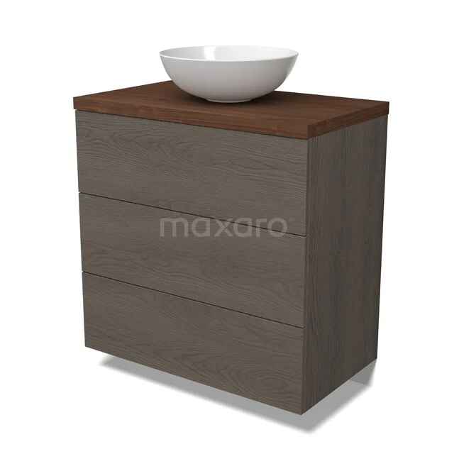 Modulo Plato Vanity units for countertop basin | 80 cm Dark brown oak Flat front Walnoot worktop 3 drawers BMK19-01795 Houten badkamerkast met lade, donkerbruin blad en witte opzetwastafel; stijlvol en functioneel voor moderne badkamers.