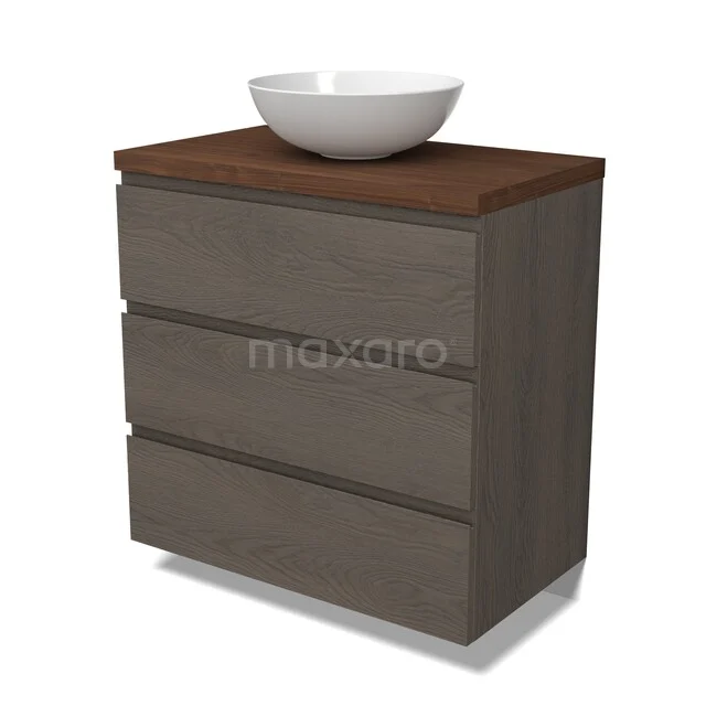 Grauer Badschrank mit drei Schubladen, Holzplatte und weißem runden Aufsatzwaschbecken, ideal für moderne Badezimmergestaltung.
