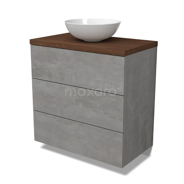 Graue Badmöbel mit Holzlook Platte und weißem runden Aufsatzwaschbecken, modernes Design, ideal für eine stilvolle Badezimmerinrichtung.