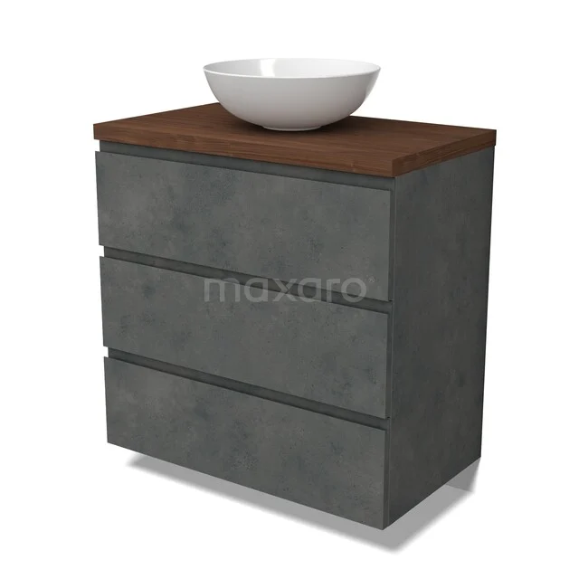 Graue Badmöbelset mit Holzlook Platte, drei Schubladen und weißem Aufsatzwaschbecken. Modernes Design, ideal für ein stilvolles Badezimmer.