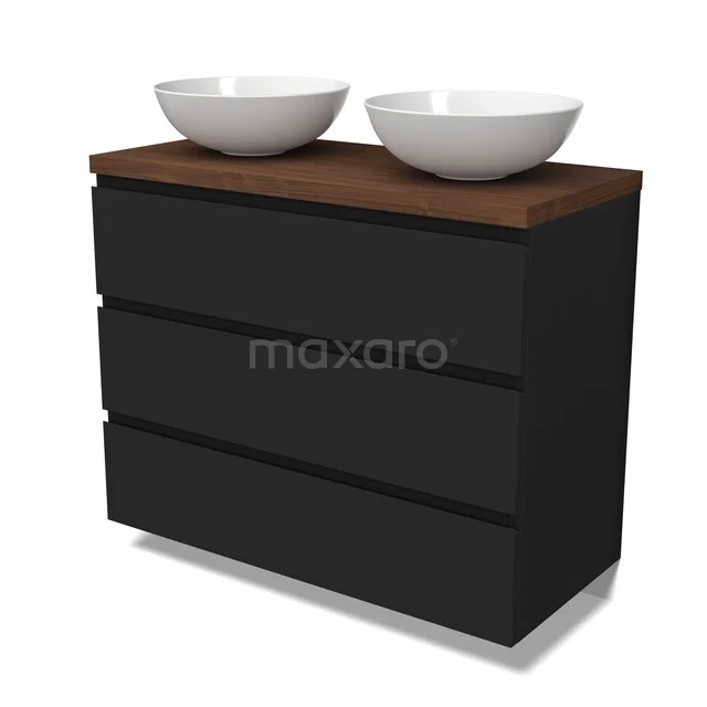 Modulo Plato Vanity units for countertop basin | 100 cm Matte black Handle-less front Walnoot worktop 3 drawers BMK19-01802 Zwarte badkamerkast met houtlook blad en dubbele wastafelkommen, modern design ideaal voor stijlvolle badkamerinrichting.
