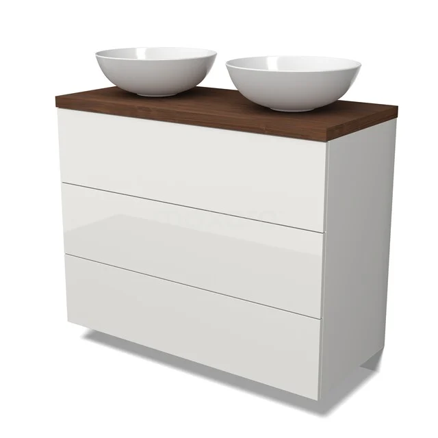 Modulo Plato Vanity units for countertop basin | 100 cm High-gloss white Flat front Walnoot worktop 3 drawers BMK19-01803 Wit badkamermeubel met drie lades, houten blad en dubbele waskom; modern design voor een stijlvolle badkamer.