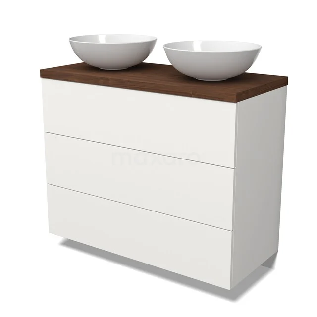 Witte badkamermeubelset met houten blad en dubbele waskommen, strak design, ideaal voor moderne badkamerinrichtingen.