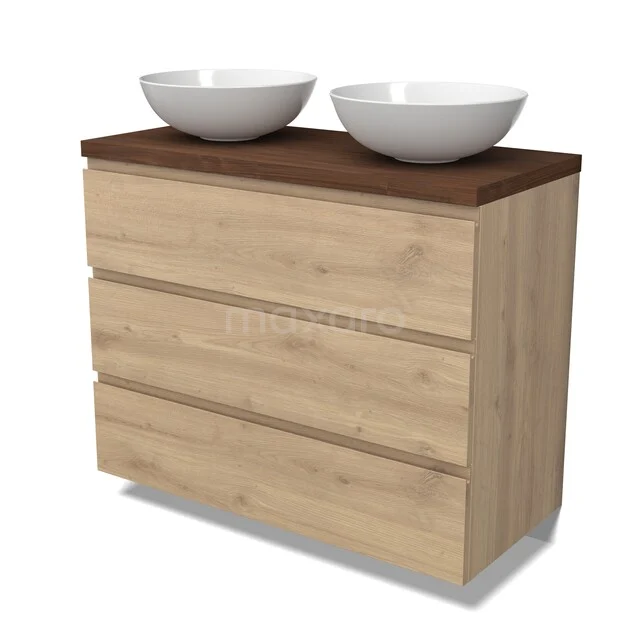 Modulo Plato Vanity units for countertop basin | 100 cm Light brown oak Handle-less front Walnoot worktop 3 drawers BMK19-01814 Eikenhouten badkamermeubel met drie lades, donkerbruin blad en twee witte wastafels voor een stijlvolle badkamerinrichting.