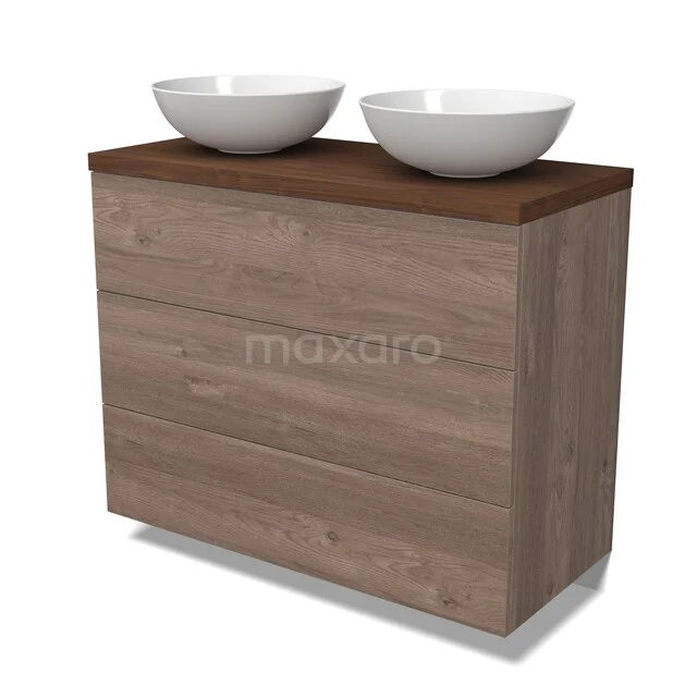 Modulo Plato Badkamermeubel voor waskom | 100 cm Middenbruin eiken Vlak front Walnoot blad 3 lades BMK19-01815 Houten badkamermeubel met dubbele witte wastafel, modern design en een warme houtkleur, ideaal voor stijlvolle badkamerinrichting.