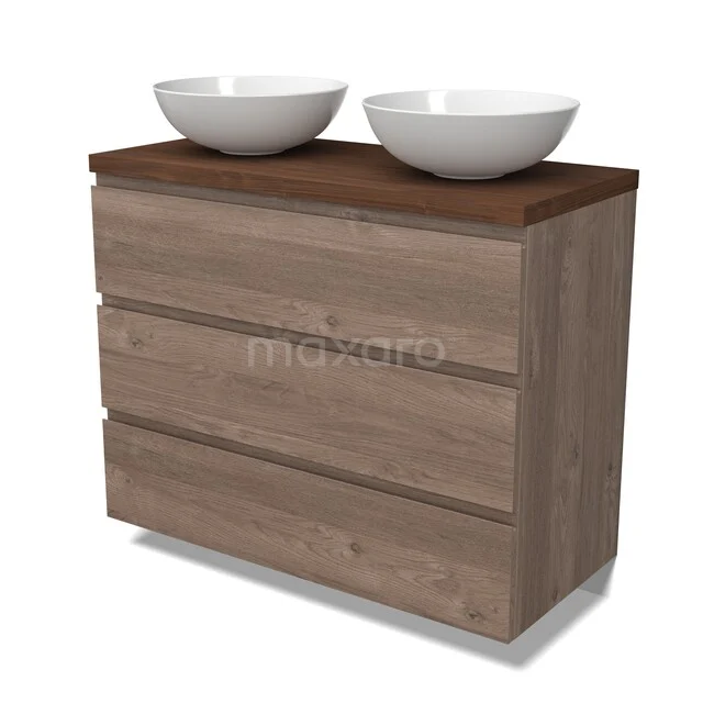 Modulo Plato Vanity units for countertop basin | 100 cm Mid brown oak Handle-less front Walnoot worktop 3 drawers BMK19-01816 Houten badkamermeubel met twee witte waskommen, moderne stijl, warme houttint en strak design voor een stijlvolle badkamer.