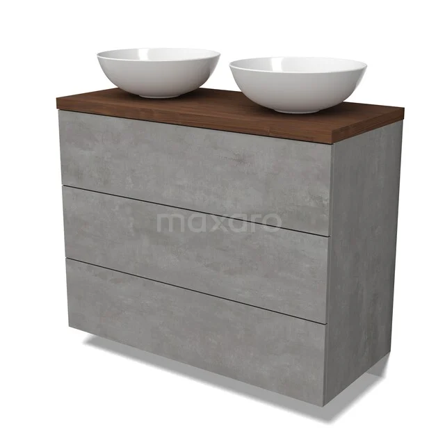 Modulo Plato Vanity units for countertop basin | 100 cm Light grey concrete Flat front Walnoot worktop 3 drawers BMK19-01819 Betonnen badkamermeubel met houten blad en twee ronde witte waskommen, modern design, ideaal voor een stijlvolle badkamer.