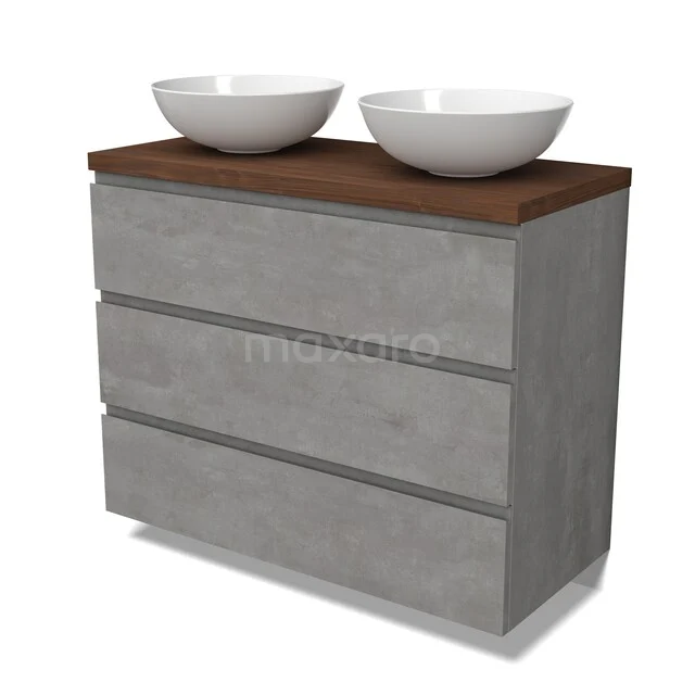 Grauer Badschrank mit Betonlook, Holzplatte und doppelten weißen Aufsatzwaschbecken, modernes Design für stilvolle Badezimmergestaltung.