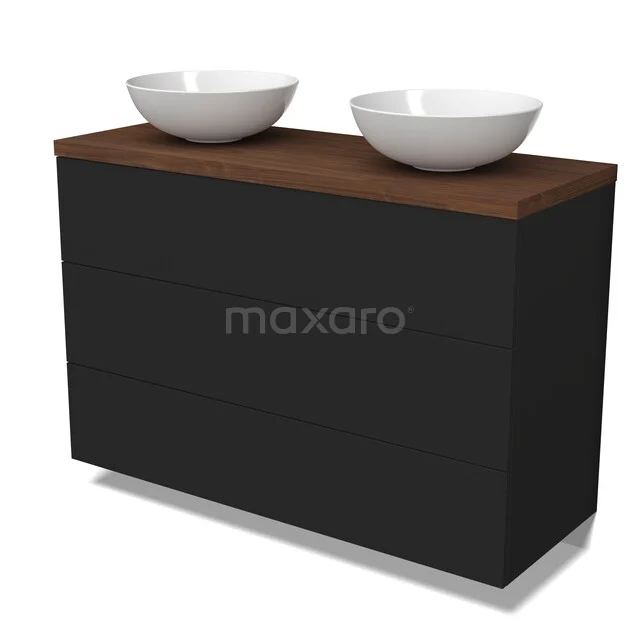 Modulo Plato Badkamermeubel voor waskom | 120 cm Mat zwart Vlak front Walnoot blad 3 lades BMK19-01823 Zwarte badkamerkast met houtlook top, dubbel wastafelblad en moderne witte waskommen voor een stijlvolle badkamer inrichting.