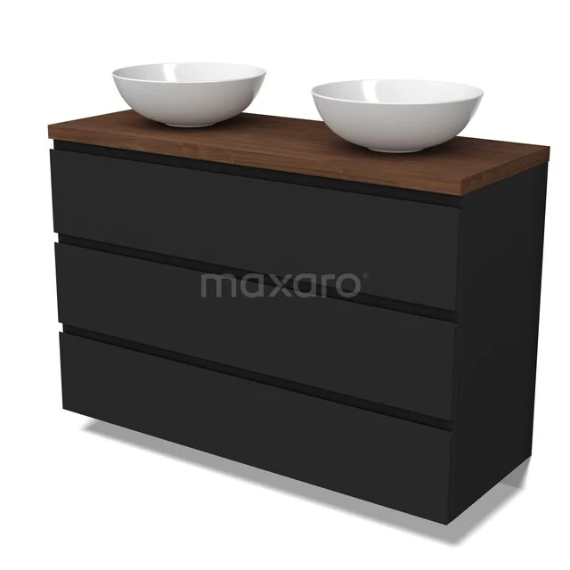 Zwarte badkamermeubel set met houtlook blad en twee witte opbouwkommen, modern design voor een stijlvolle badkamer.