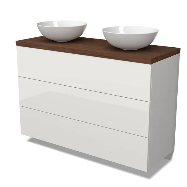 Weißes Badmöbel mit doppelten weißen Waschbecken und einer Holzplatte, modernes Design für stilvolle Bäder.