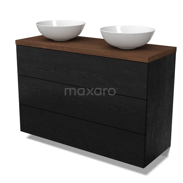 Modulo Plato Vanity units for countertop basin | 120 cm Black oak Flat front Walnoot worktop 3 drawers BMK19-01829 Zwart houten badkamermeubel met twee witte keramische wastafels en een donkerbruin houten blad, moderne stijl.