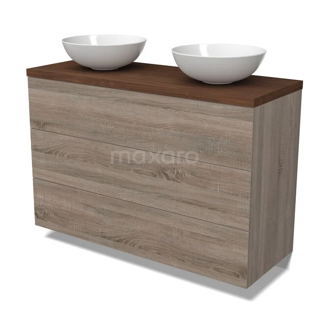 Holz Badezimmermöbel mit zwei weißen Aufsatzwaschbecken, Eiche Look, modernes Design, perfekt für stilvolle Badezimmergestaltung.