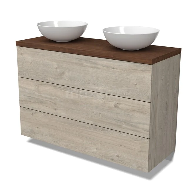 Modulo Plato Vanity units for countertop basin | 120 cm Light grey oak Flat front Walnoot worktop 3 drawers BMK19-01833 Houten badkamermeubel met twee witte waskommen, modern design, eikenlook afwerking en dubbel wastafelblad.