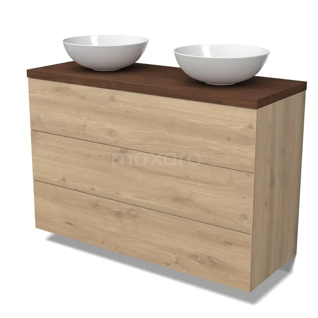 Modulo Plato Badkamermeubel voor waskom | 120 cm Lichtbruin eiken Vlak front Walnoot blad 3 lades BMK19-01835 Houten badkamermeubel met dubbele witte waskommen, modern design en donker eiken blad.