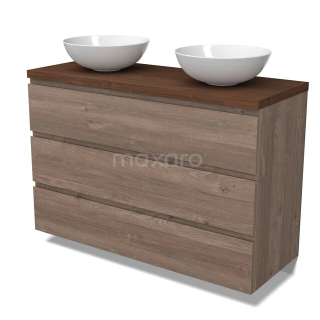 Modulo Plato Badkamermeubel voor waskom | 120 cm Middenbruin eiken Greeploos front Walnoot blad 3 lades BMK19-01838 Houten badkamermeubel met dubbele wastafel, natuurhout-look, drie ladekasten en witte keramische kommen, ideaal voor moderne badkamers.