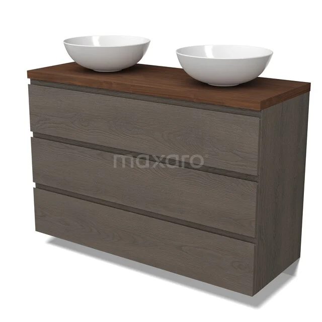 Modulo Plato Badkamermeubel voor waskom | 120 cm Donkerbruin eiken Greeploos front Walnoot blad 3 lades BMK19-01840 Badkamermeubel met dubbele kom, houtlook top, en grijze lades; modern design voor stijlvolle badkamers.