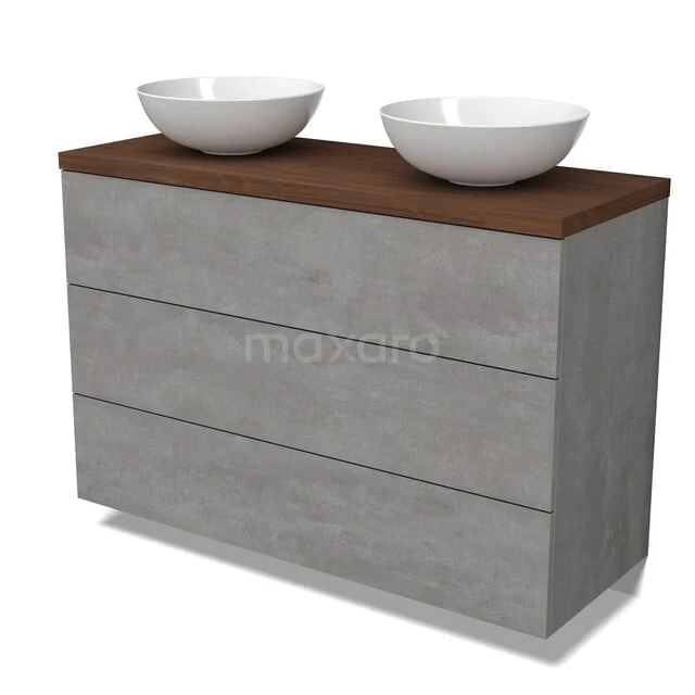 Betonnen badkamermeubel met houtlook bovenblad, twee witte waskommen, strak en modern design. Perfect voor een stijlvolle badkamer.