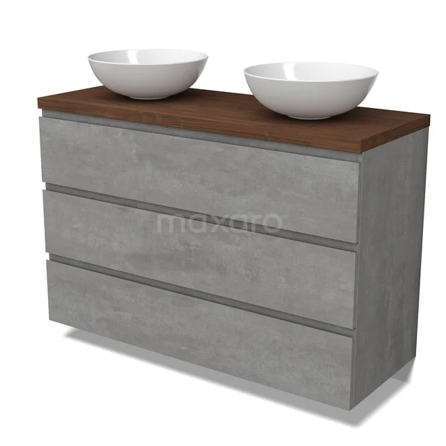 Modulo Plato Badkamermeubel voor waskom | 120 cm Lichtgrijs beton Greeploos front Walnoot blad 3 lades BMK19-01842 Grijze betonnen badkamermeubel met houtlook blad en twee witte waskommen, modern design voor een luxe badkamer.