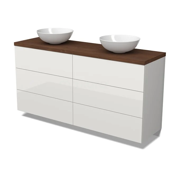 Wit dubbel badkamermeubel met houten blad en twee opbouwwaskommen, strak design, ideaal voor moderne badkamers.