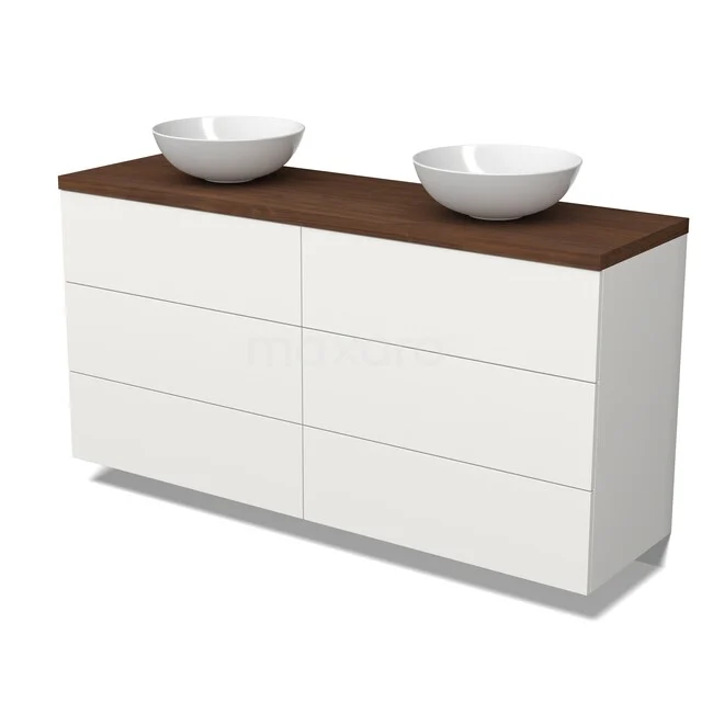 Wit badkamermeubel met dubbele waskom, houtlook bovenblad, moderne lades en strak design ideaal voor stijlvolle badkamers.