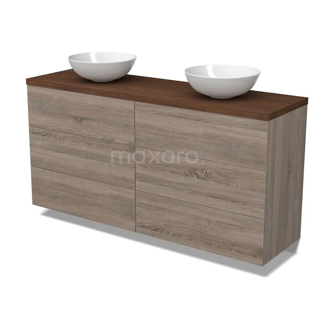 Houten badkamermeubel met twee witte opzetwastafels, modern design, eikenlook met donkerhouten blad.