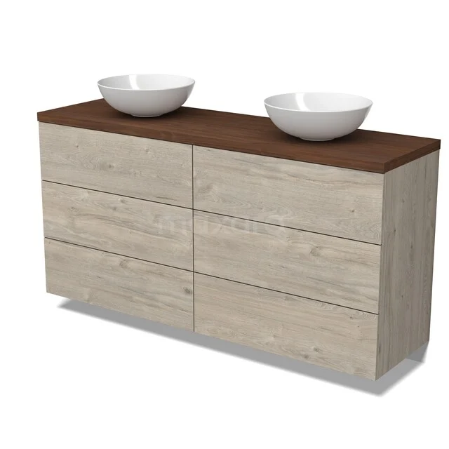 Houten badkamermeubel met dubbele witte waskom, bruin tafelblad en zes lades. Modern design voor een stijlvolle badkamer.