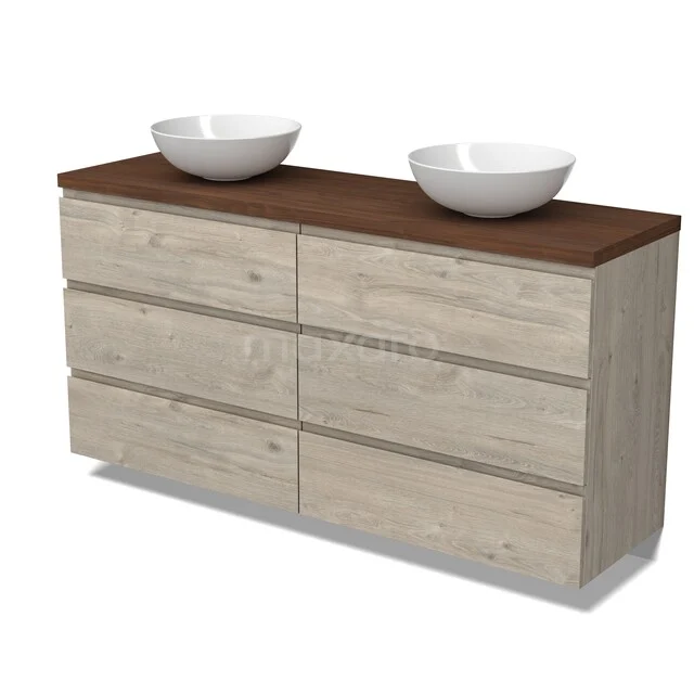 Badmöbel mit Doppelwaschbecken, Holzoptik-Unterschrank in heller Eiche, dunkles Holzblatt und moderne weiße Aufsatzwaschbecken.