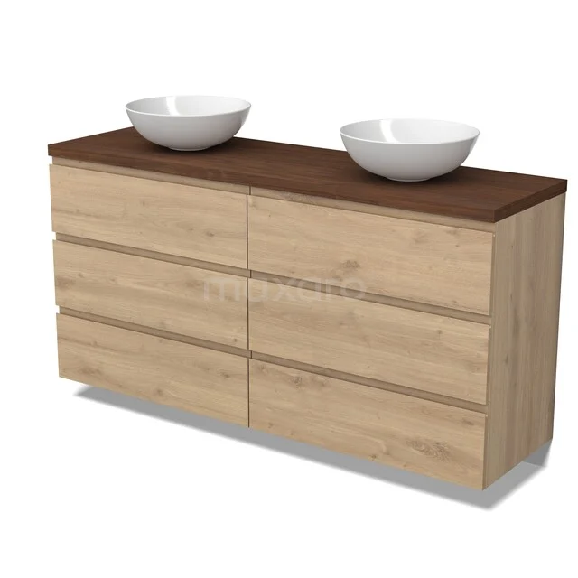 Modulo Plato Badkamermeubel voor waskom | 160 cm Lichtbruin eiken Greeploos front Walnoot blad 6 lades BMK20-00361 Houten badkamermeubel met dubbele wastafel, licht eiken afwerking en donkerbruin blad, modern design voor de badkamer.