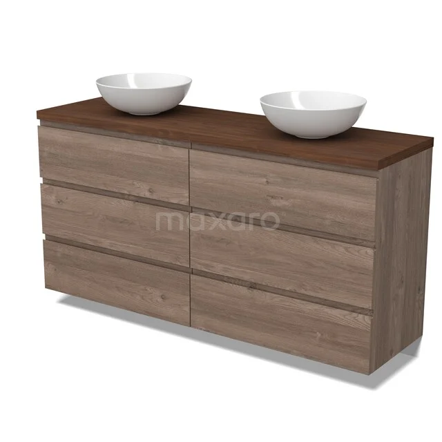 Badkamermeubel houtlook, dubbel wastafelblad, strak design, zes lades, ideaal voor moderne badkameropslag.