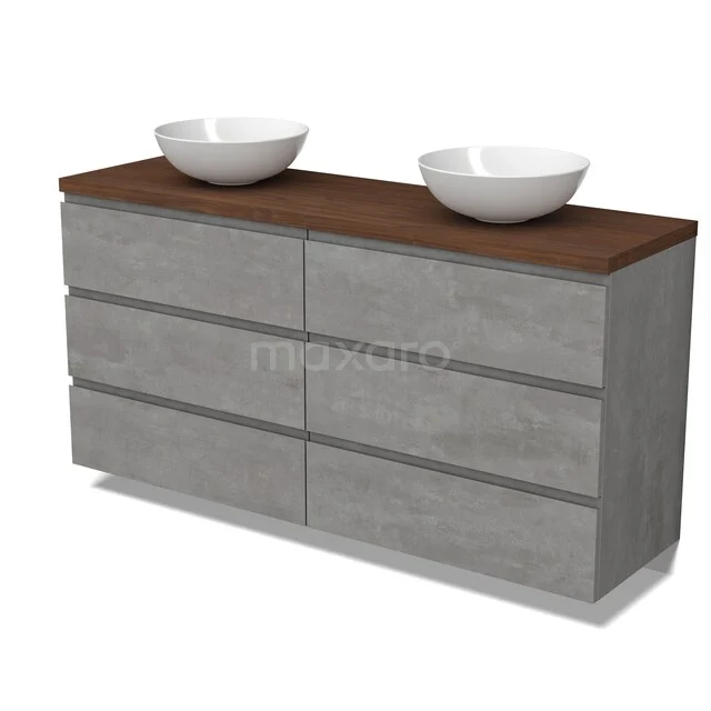 Graue Badmöbelset mit Holzlook Platte und doppeltem Aufsatzwaschbecken, modernes Design aus Betonlook Material.