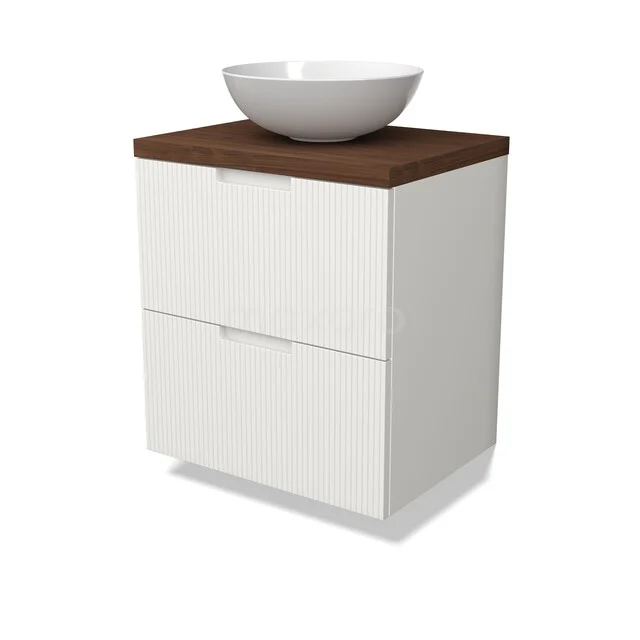 Weißes Badezimmermöbel mit Holzlook Platte, freistehendes Aufsatzwaschbecken und zwei Schubladen; schnörkelloses und modernes Design.