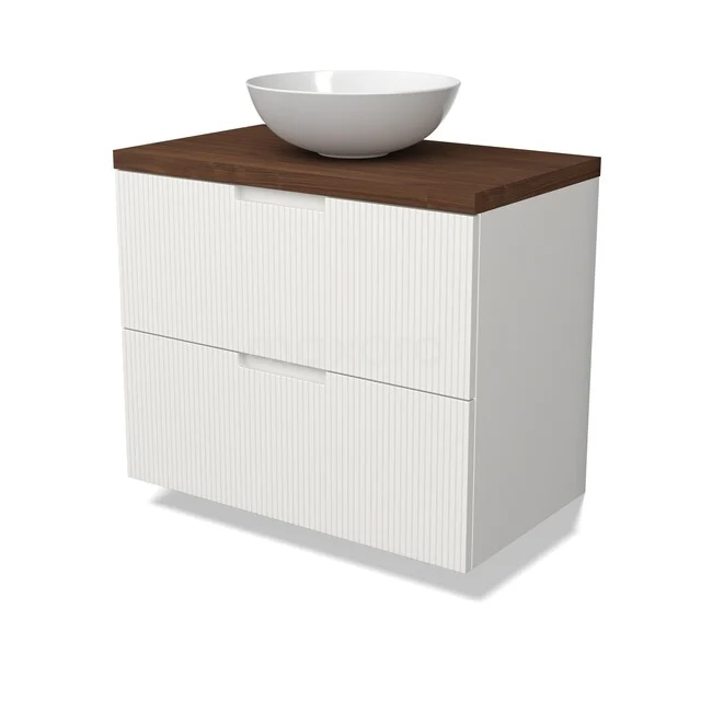 Waschbeckenmöbel Modulo BMK17-03584 Weißes Badezimmermöbel mit Holzlook Platte und runder Aufsatz Waschbecken; modernes Design mit zwei Schubladen.