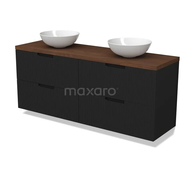 Modulo Plato Vanity units for countertop basin | 160 cm Matte black Line front Walnoot worktop 4 drawers BMK18-02475 Zwarte badkamermeubel met houtlook blad, dubbele keramische waskommen en twee lades, ideaal voor moderne badkamers.