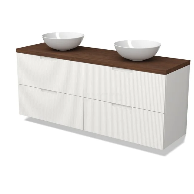 Modulo Plato Vanity units for countertop basin | 160 cm Matte white Line front Walnoot worktop 4 drawers BMK18-02476 Witte badkamermeubelset met houtkleurig blad en dubbele ronde waskommen, modern design met ruime opberglades.
