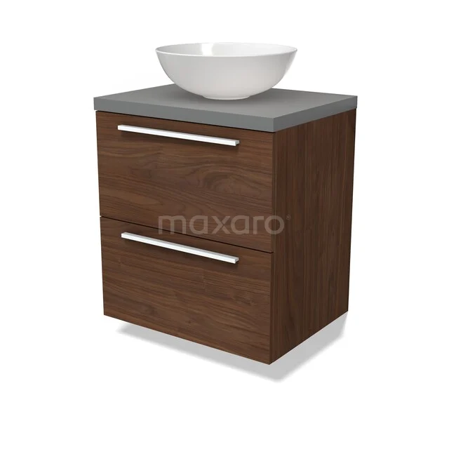 Modulo Plato Vanity units for countertop basin | 60 cm Walnoot Flat front Mid grey worktop 2 Stacked drawers BMK17-03279 Wastafelkast houtlook met natuurstenen blad en witte opbouwwaskom, modern design voor de badkamer.