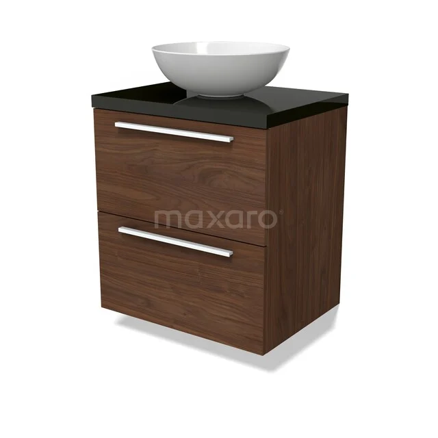 Modulo Plato Vanity units for countertop basin | 60 cm Walnoot Flat front High-gloss black worktop 2 Stacked drawers BMK17-03283 Houten badkamermeubel met twee lades, zwart blad en witte komvormige wastafel; modern design van duurzaam materiaal.
