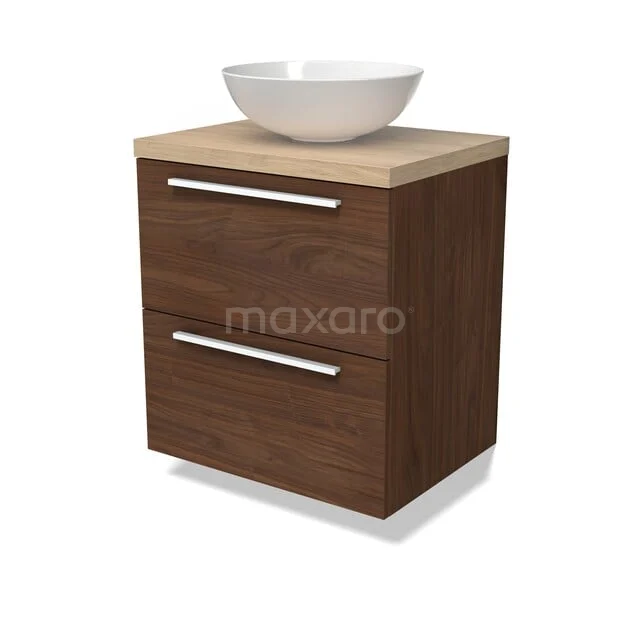 Modulo Plato Badkamermeubel voor waskom | 60 cm Walnoot Vlak front Lichtbruin eiken blad 2 lades onder elkaar BMK17-03288 Houten badkamermeubel met moderne waskom, donkerbruin, twee lades en metalen grepen, perfect voor een stijlvolle badkamer.