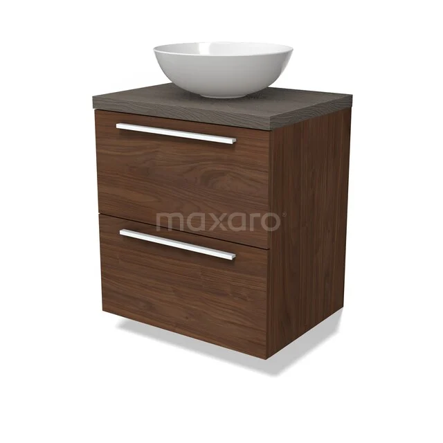 Modulo Plato Vanity units for countertop basin | 60 cm Walnut Flat front Dark brown oak worktop 2 Stacked drawers BMK17-03290 Houten badkamermeubel met twee lades, donkerbruin afgewerkt, met een moderne witte waskom erop.