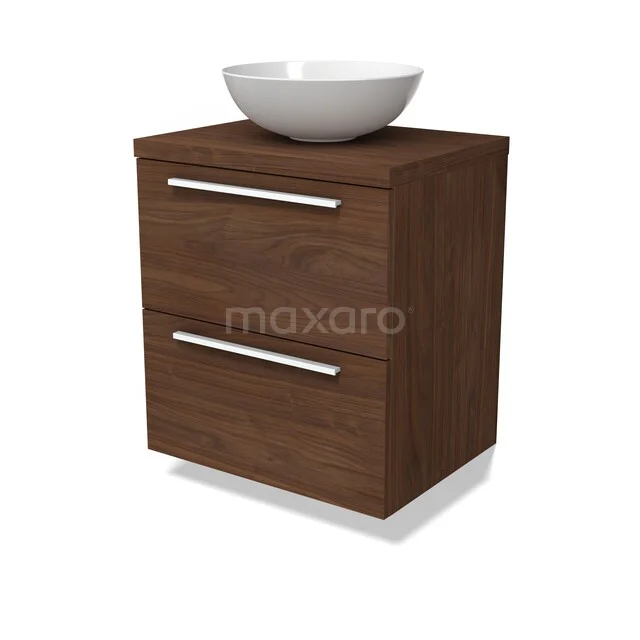 Modulo Plato Vanity units for countertop basin | 60 cm Walnut Flat front Walnut worktop 2 Stacked drawers BMK17-03292 Houten badkamermeubel met een donkerbruin eiken fineer, twee lades en een witte opzetkom in een modern design.