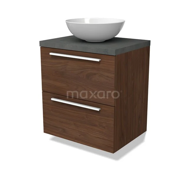 Modulo Plato Badkamermeubel voor waskom | 60 cm Walnoot Vlak front Donkergrijs beton blad 2 lades onder elkaar BMK17-03294 Houten badkamermeubel met donkergrijze wastafelblad en witte komvormige wastafel, strakke lades met zilveren handgrepen.